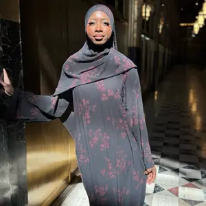 (No returns)Stardust Double Layered Chiffon Abaya with Black Stones Elegant Floral Design for Women Comfortable Wear with Matching Long Hijab
