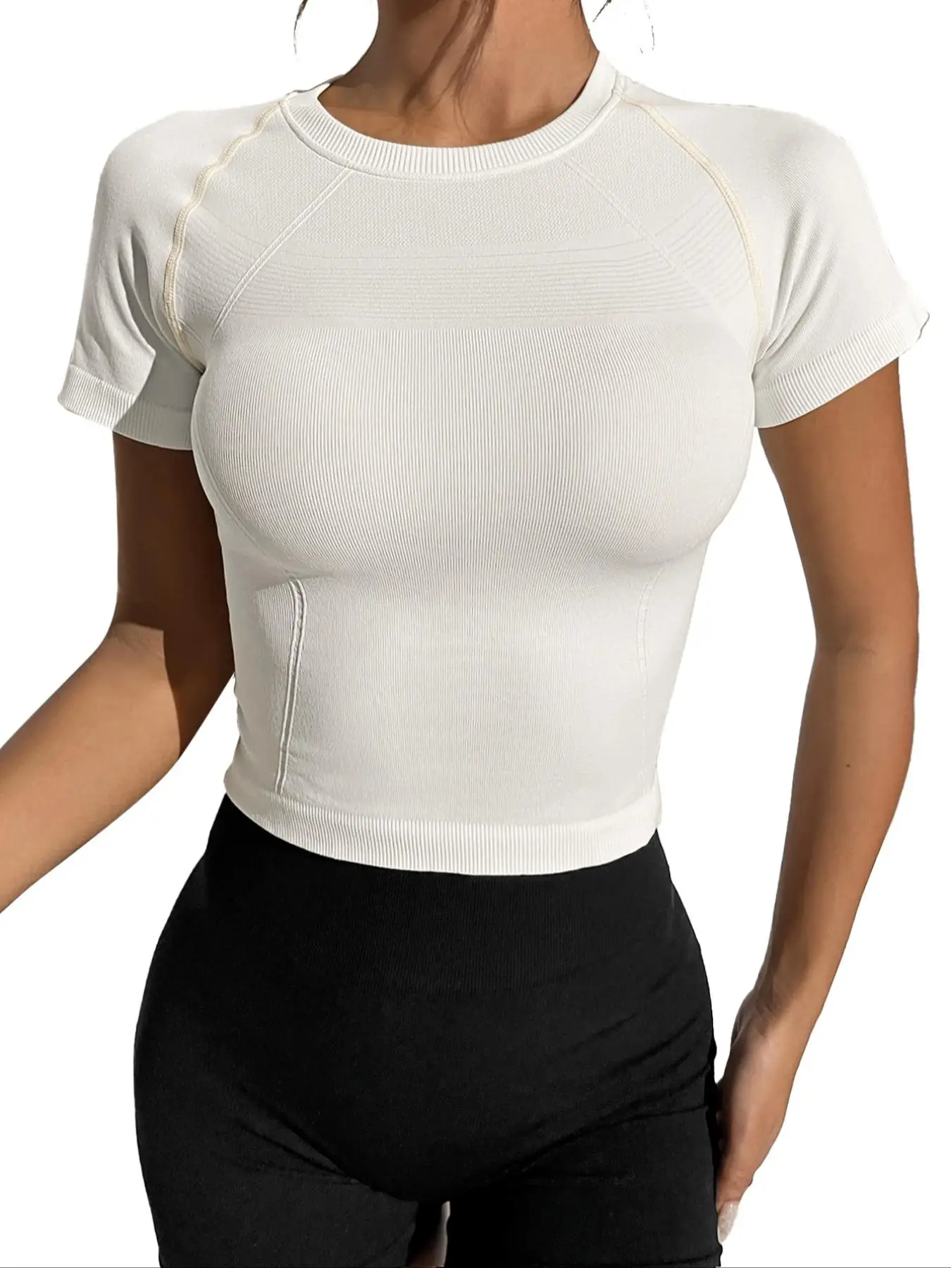 Women's Solid Round Neck Raglan Sleeve Sports Tee, Summer Clothes Women, Quick Drying Breathable Crew Neck T-shirt for Yoga Gym Workout, Sport Clothin