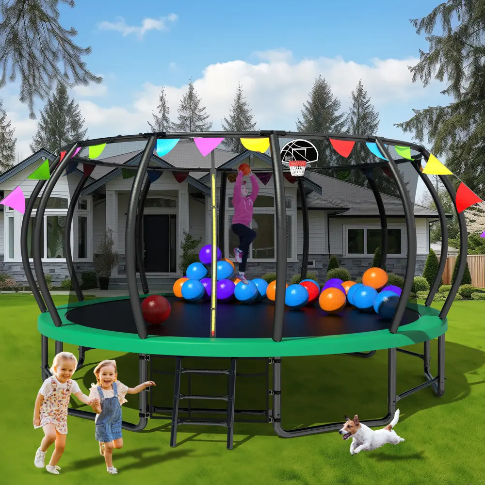 Mersco 16ft Round Stainless Steel Pumpkin-Shaped Kids' Trampoline with Safety Fence, Basketball Hoop, Balloons, Bunting, 330 lbs Capacity for Indoor/Outdoor Birthday & Exercise Use