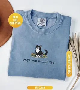 Women's Comfort Colors Oversized T-Shirt - "Rage Consumes Me" Tuxedo Cat Meme Graphic, Retro Flower Design, Vintage Blue Jean, Sarcastic Gift for Her