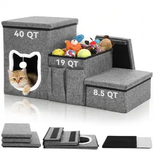 PAWGIANT Dog Stairs for Small Dogs, 3 Tiers Dog Step with Storage, Foldable Cat Ramp with Condo Cat Scratcher, Portable Pet Ladder for High Bed Couch Chair Car for Older Pets