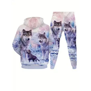 Wolf Clan Printed Men's 2-piece Casual Hoodie Long Sleeve Sportswear Sweatpants Set Suitable For Winter And Autumn Men's Wear