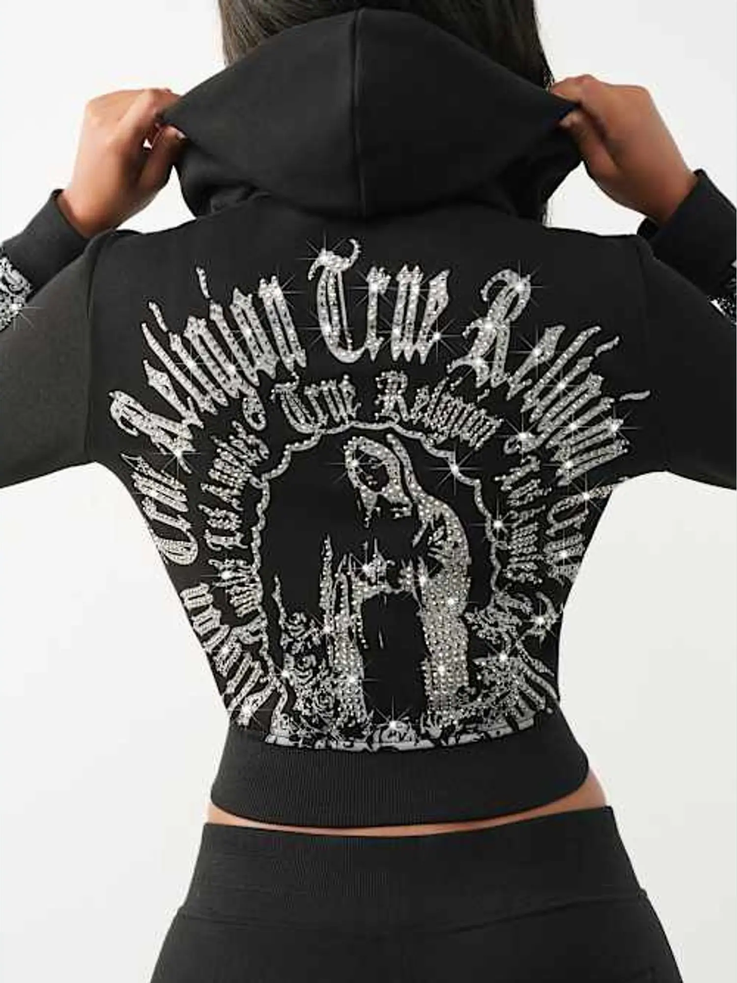 True Religion Women's Blessed Fitted Long-Sleeve Pullover Shrunken Hoodie Sweatshirt, Matching Outfit Compatible