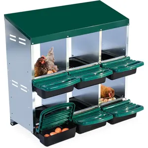 Chicken Nesting Box with 6 Compartments,Galvanized Steel Roll-Away Egg Laying Boxes with Lid Cover, Swing Perch, Green