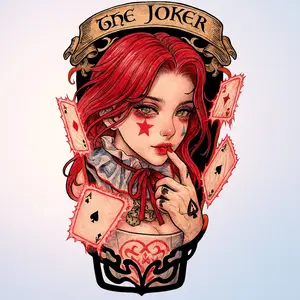 Joker Girl Temporary Tattoo Playing Cards Harlequin Anime Sticker Waterproof 5-10 Days Red Hair Poker Theme