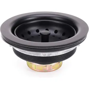 KONE 3-1/2 Inch Kitchen Sink Stainless Steel Basket Strainer Water Stopper with Drain Assembly, Black Finish Rustproof and Durable KONE