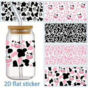 5pcs/Sheet Cow Print Design UV DTF Cup Packaging Stickers, Scrapbook Accessory, Including Cow Pattern, Pink Hearts Elements, Selfadhesive Paper Suitable for Mugs, Water Bottle Cups, Crafts, Packaging Transfer Stickers Perfect for Crafts And Decorations