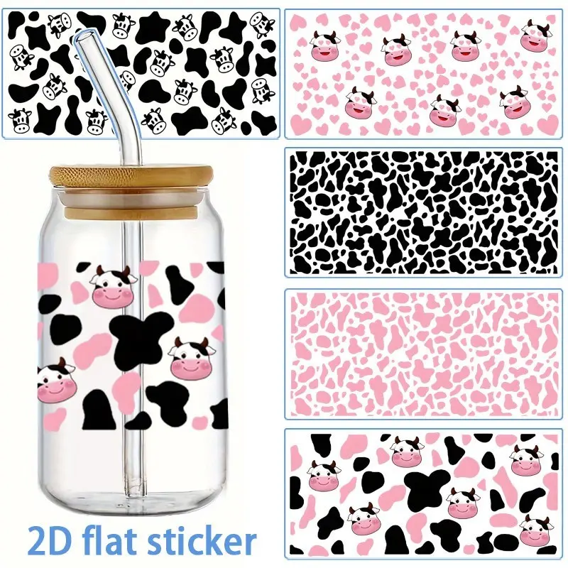 5pcs/Sheet Cow Print Design UV DTF Cup Packaging Stickers, Decorative Stickers, Scrapbook Accessory, Cute Scrapbooking, Selfadhesive Paper Suitable for Mugs, Water Bottle Cups, Crafts