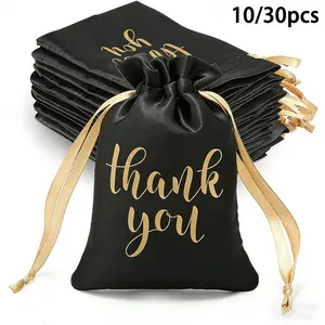 10/30 Pcs Thank You Satin Gift Bags with Drawstring Jewelry Candy Pouches for Wedding Bridal Baby Shower Employee Appreciation Birthday Party Thank You Bags Gift Wrap(Black, Gold,4 x 6 Inch)