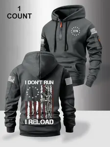 Men's Classic Casual Flag Print Drawstring Hoodie, Long Sleeve, Multi-Pocket Design, Fitted Warm Sweatshirt for Fall & Winter Outdoor Wear