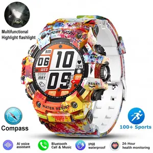 Men Military Sports Smart Watch, 100+ Sports Fitness, Flashlight & Compass, Heart Rate Monitoring, Bluetooth-compatible Calls, IP68 Water Resistant