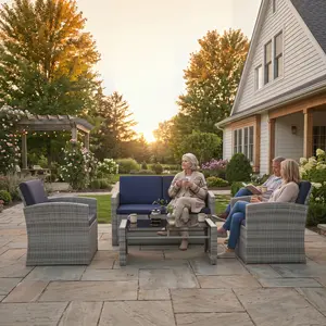 4 Piece Outdoor Wicker Patio Set, Modern Conversation Furniture with Loveseat, Chairs, Table & Removable Cushions summergarden