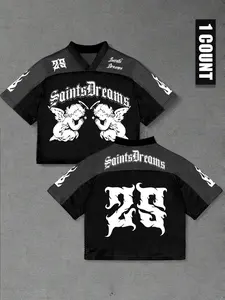 Men's Casual Birdseye Short Sleeve Shirt, Unique Angel Print Front, Cool Number Back, Breathable Mesh, Daily Wear, Party Style, Casual Streetwear Top