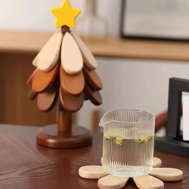 Compact Wooden Christmas Tree Desktop Ornament & Detach-Leaf Tea Coaster Set, Christmas Gift Tableware for Home Table Decor, Detach Leaves