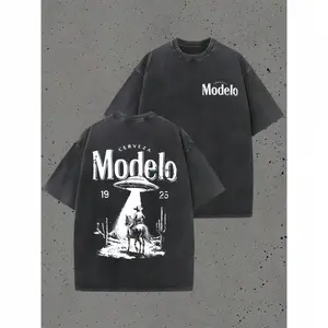 Modelo UFO Cowboy Graphic-Shirt – 230g Heavyweight Vintage Washed Cotton Retro Streetwear Tee With Cerveza Modelo Letter Print, UFO Western Cowboy Desert Scene Design, Y2K Oversized Casual Short Sleeve Men's Summer Fashion