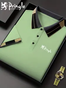 Men's Pringle Print Plain Polo Shirt, Elastic Casual Breathable Four-Season Wear, Comfortable Durable High-End Fitted Blouse