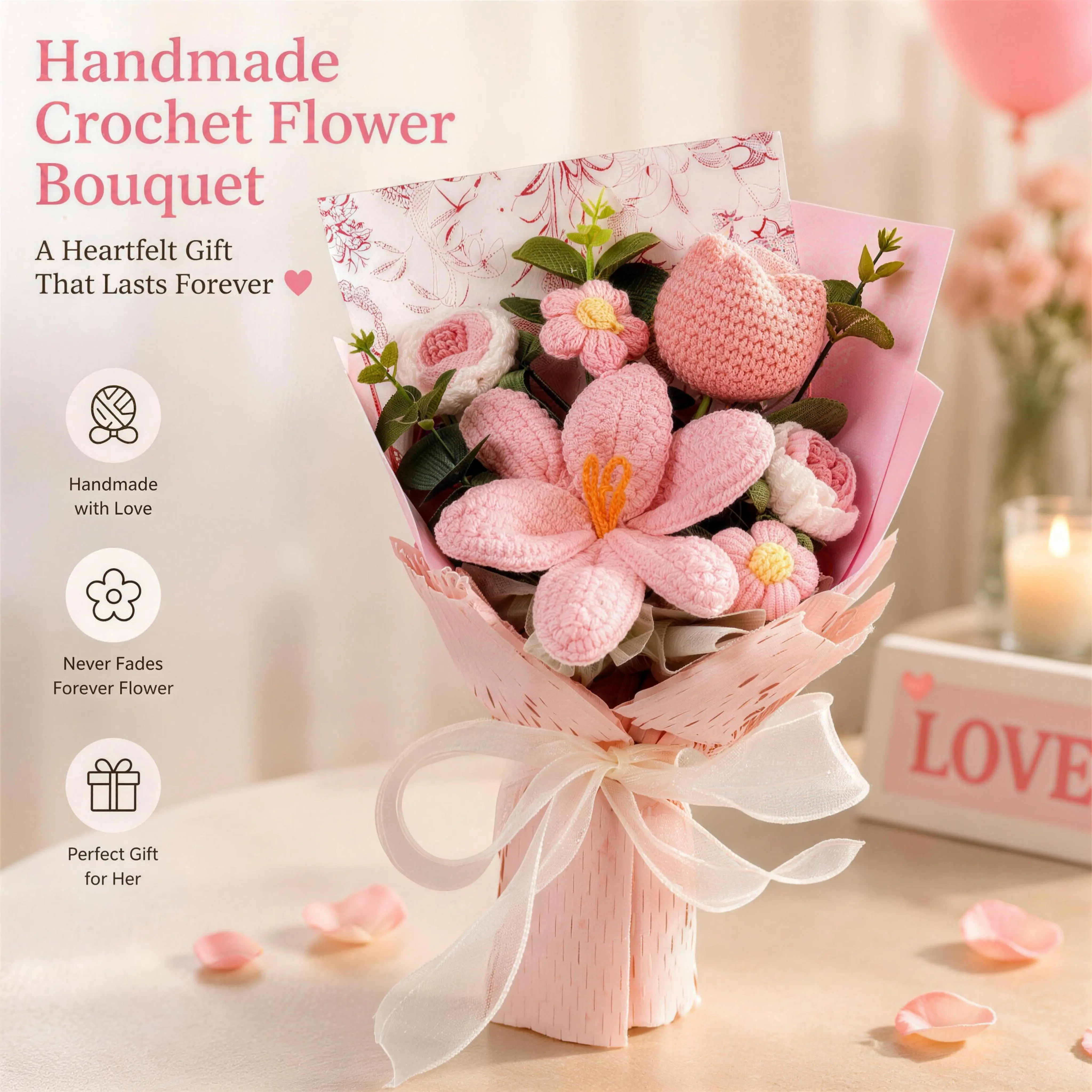 Handmade Crochet Flower Bouquet, Forever Artificial Flowers Gift for Her, Birthday Mother's Day Romantic Home Decor Plants
