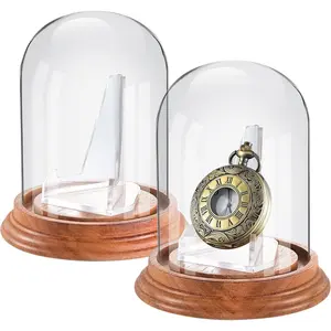 2 Pcs Pocket Watch Display Case with Acrylic 3" x 4" Watch Ornament Glass Display Glass Dome Cloche with Wood Base Decorative Glass Display Dome Cloche for Watch Medals Jewelry Collectibles