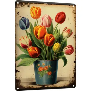 Vintage Metal Tin Sign, Tulip Botanical Print, Spring Flowers Wall Decor, Purple Gardener Gift, Home Decor, Funny Novelty Kitchen Bar Garden Farm Wall Art Tin Signs