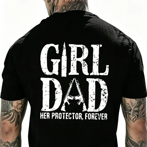 Men's Cotton Fabric Crew Neck Oversize Short-Sleeve T-Type T-Shirt, Front "Girl Dad Protector" Graphic Father-Daughter Tee, Ideal Father's Day/Party Gift, PLK0204