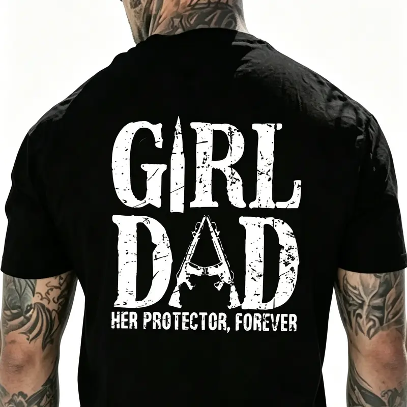 Men's Cotton Fabric Crew Neck Oversize Short-Sleeve T-Type T-Shirt, Front "Girl Dad Protector" Graphic Father-Daughter Tee, Ideal Father's Day/Party Gift, PLK0204