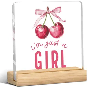 Preppy Coquette Cherry Gifts Pink Girl Room Decor for Cherry Lover Bow Sign Acrylic Sign Plaque Table Decorations for Home Farmhouse Bedroom 4x4 Inch