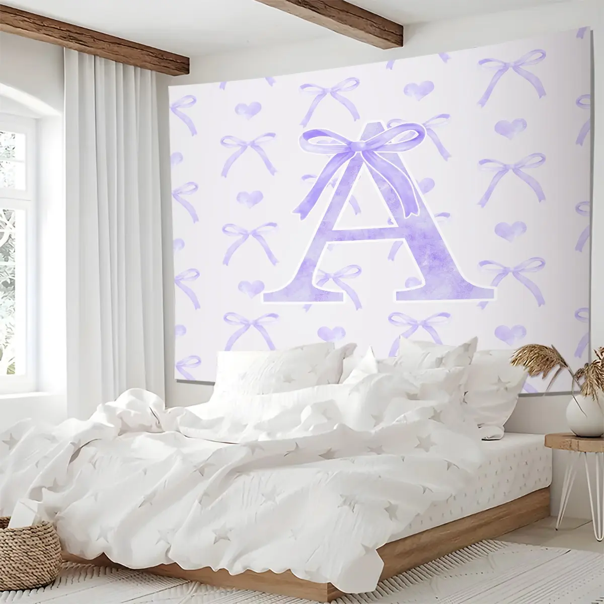 Purple Bow & Letter A-Z Print Tapestry, Coquette Aesthetic Wall Hanging Tapestries, Soft Wall Blanket, Cute Preppy Style Backdrop Decor for Bedroom, Dorm, Living Room & Home Aesthetic Decoration