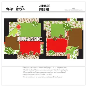 Jurassic - 12x12 Scrapbook Page Kit – Kids Dino Album Green Leaf Paper T-Rex Craft Kit, Pterodactyl Die Cut Tyrannosaurus Dinosaur Scrapbook | by Miss Kate Designs