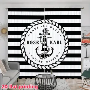 2D Flat 2Pcs Nautical Chic Save The Date Lighthouse Anchor Graphic Curtain Panel, Striped Black & White Design, Semi-Sunshade Polyester Fiber, Perfect for Living Room, Bedroom, Balcony, Kitchen, Study, Window Decoration, Accessory, Anti-Priva