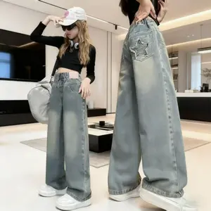 New Spring Autumn Girls Jeans Children loose Casual Denim Wide Leg Pants plaid Daily Wear