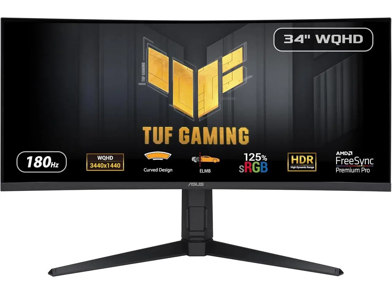 ASUS TUF Gaming 34 inch UltraWide QHD 2K 1440P 180Hz AMD FreeSync Premium Pro (Adaptive Sync) 1ms HDR400 ELMB Curved Gaming Computer Monitor with Height Adjustable, Swivel & Tilt Stand VG34VQL3A