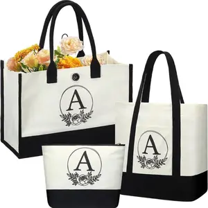Embroidery Initial Canvas Tote Bag Set Teacher Present Bag Monogrammed Tote Bag