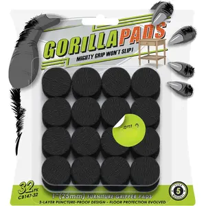 GorillaPads 1 Inch Non-Slip Furniture Pads/Gripper  Skids (Set of 32) Self Adhesive Rubber Floor Protectors, Round, Black, CB147-32