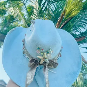 Coastal Cowgirl Hat Blue Cowgirl Hat Blue Fedoras Blue Tejana Western Girl Hat with Starfish and Sequin Detailing
