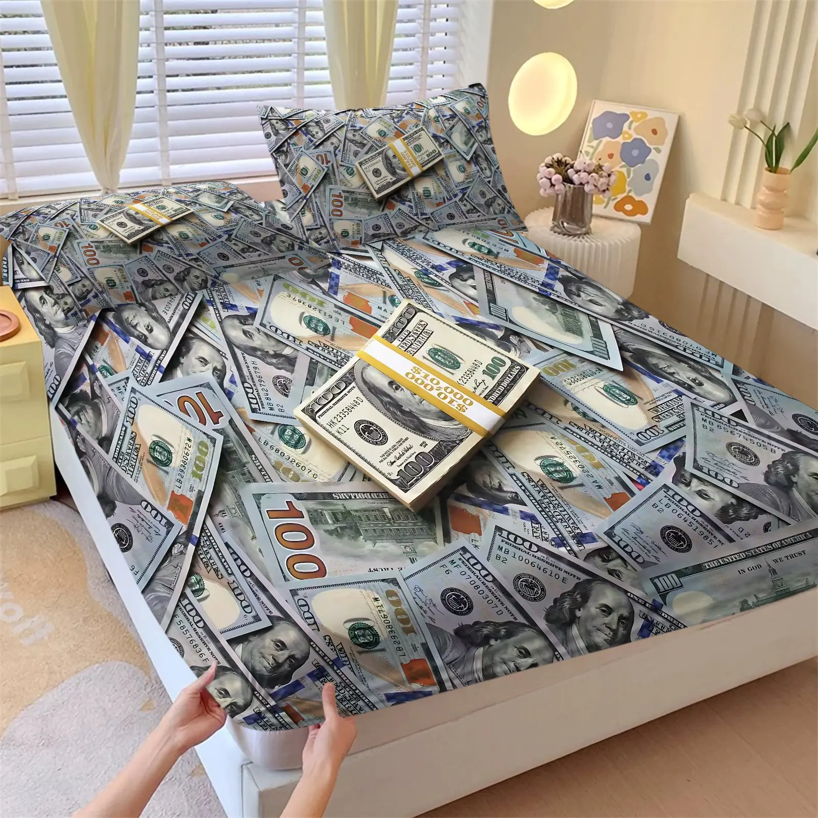 Money-Themed Bedding Set, Comfy Bedding Sets — 3-Piece U.S. Dollar Print Fitted Sheet & Pillowcase Set, Novelty Bedroom Decor, Soft and Comfortable (Includes 1 Fitted Sheet + 2 Pillowcases) 11 Denominations Of Coins Available