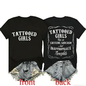 Bold Graphic Tee With Tattooed Sarcasm And Inappropriate Thoughts In Soft Short Sleeve Round Neck Design For Women