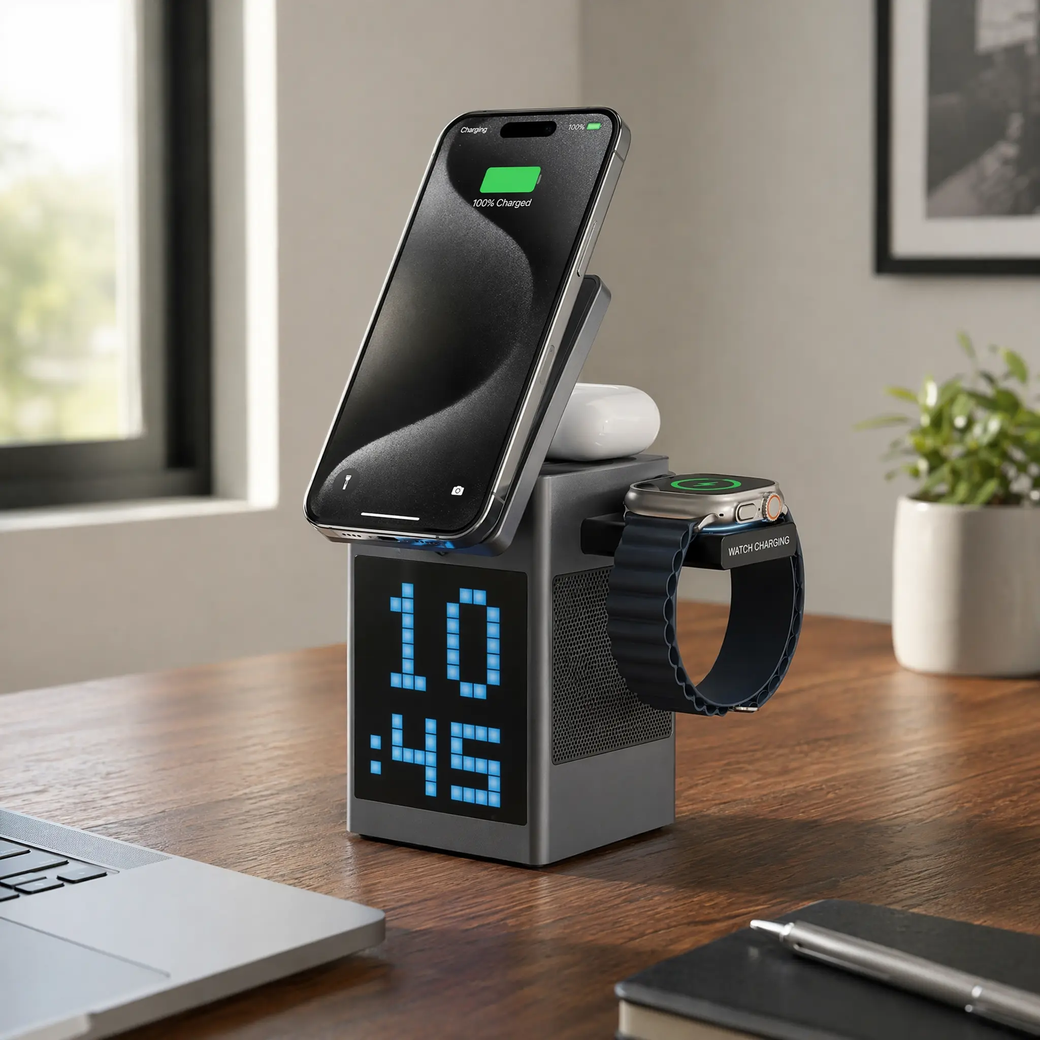 6 In 1 Rotating Mag Safe Charger Stand For iPhone 17 16 15 14 13 12 Apple Watch AirPods With Wireless Speaker Pixel Display Alarm Clock Night Lamp Desk Bedside Organizer Fast Charging Station Travel Dock