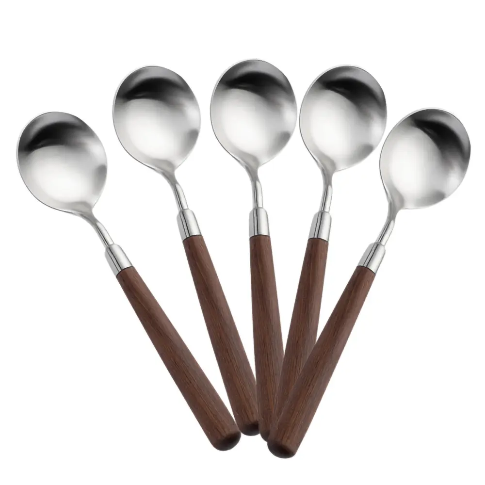 Dinner Spoons Set of 5, Matte 304 Stainless Steel Flatware Silverware Cutlery Set With Wood Handle, Wood Dining Utensils Eating Dinnerware, Brushed Finished (Round Spoons)