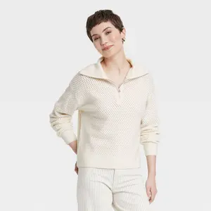 Women's Quarter Zip Collared Pullover Sweater - Universal Thread Cream XL