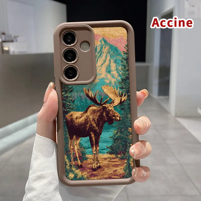 TPU Silicone Smartphone Casing for Samsung Galaxy S22 Ultra, S23, S24 Plus, S24+, S25 Cellphone Devices, Handheld Phone Cover with Moose in Mountain Glade Design, Raised Edges & Camera Protection for Boys