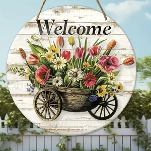 Welcome Sign, Floral Design, Round Wood Hanging Sign, Suitable for Home, Room, Festival, Coffee Shop Decoration, Farmhouse Style, Multi-purpose