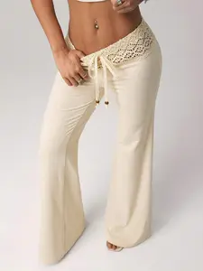 Women's White Resort Pants | Beaded Drawstring Knit Waist Casual Trousers | Loose Summer Vacation Outfit