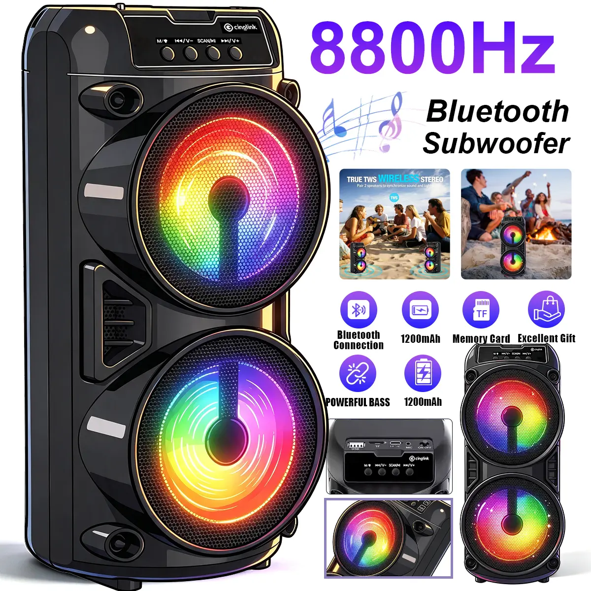 Portable Bluetooth Speaker with RGB LED Lights, Stereo Sound, 30ft Range, Rechargeable Li-Ion Cell, USB Charging, Compact ABS Speaker for Home & Outdoor Use