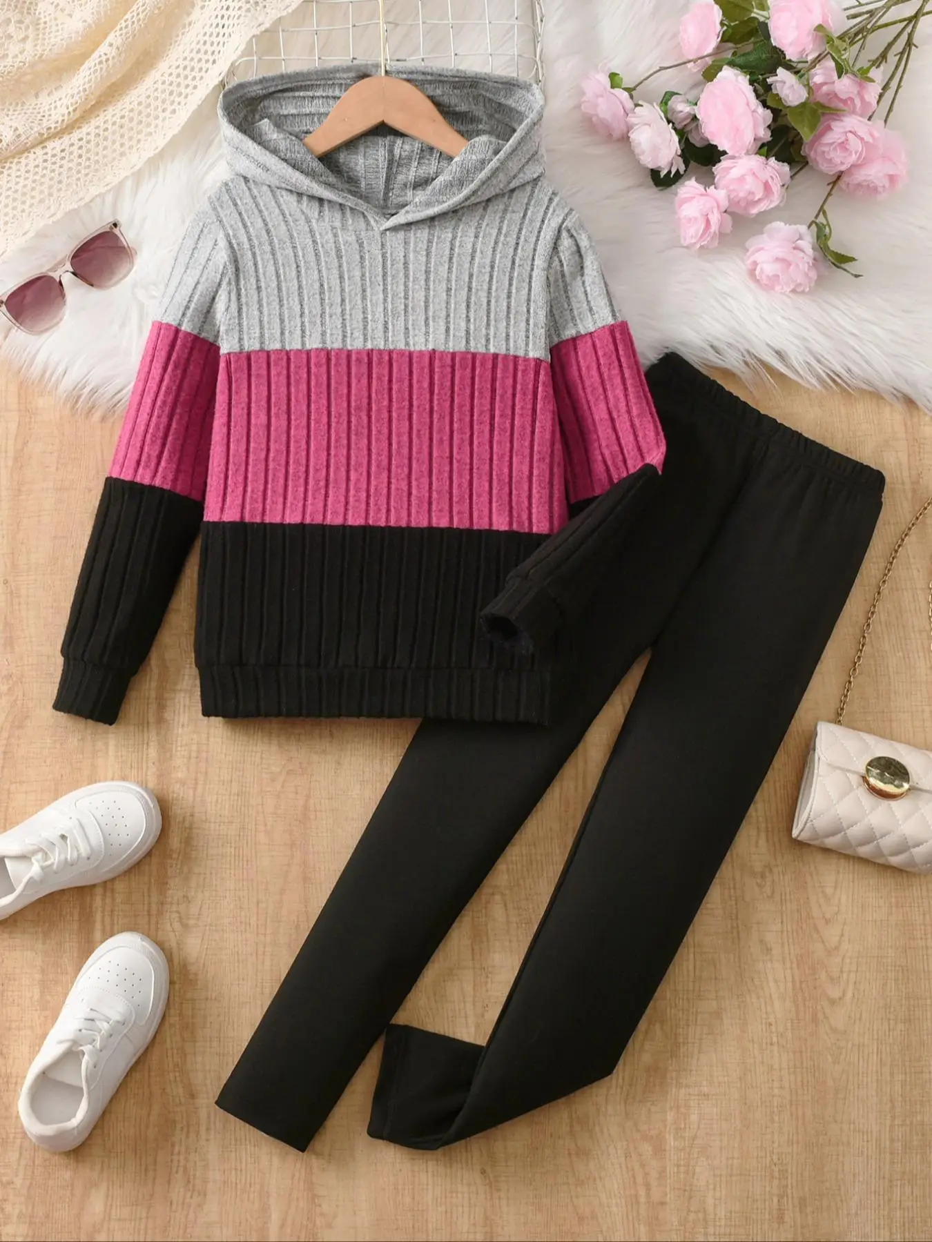 Two-piece Set Girl's Colorblock Ribbed Hoodie & Elastic Waist Pants, Casual Long Sleeve Hooded Pullover & Pants for Fall & Winter, Kids Clothes for Da