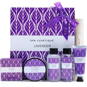 Spa Luxetique Bath Gift Sets for Women - Lavender Relaxing Body Care Gift Box for Mom Birthday Holiday Including Hand Cream Soap Shower Gel Bubble Bath Body Lotion