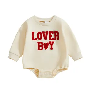 Newborn Baby Boy Valentine's Outfit Long Sleeve Sweatshirt Romper Heart Letter Embroidery Bodysuit Spring Lover Boy Baby Onesie