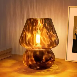 Small Vintage Mushroom Table Lamp for Bedroom Nightstand, Translucent Glass Stepless Dimmable Bedside Lamp, Murano Aesthetic Home Decor for Living Room Kitchen(Black)