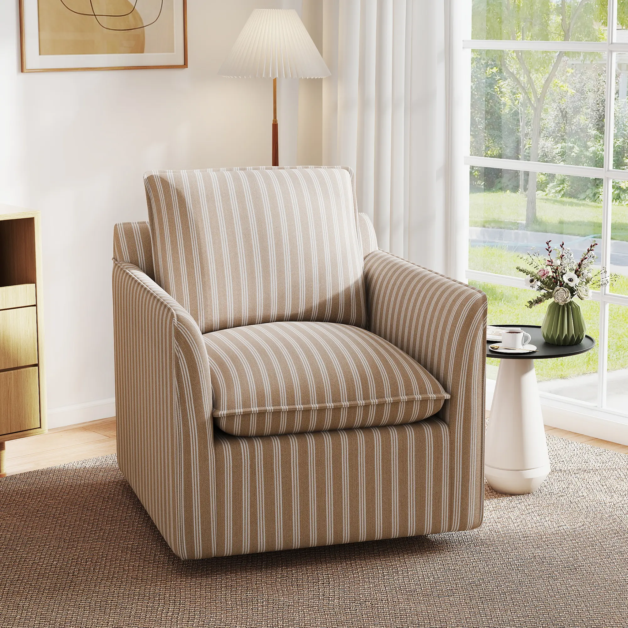 [summergarden] Upholstered  Swivel Accent Reading Chairt with Backrest Cushion – Armless Modern Lounge Chair with Soft Seat and Wooden Legs for Bedroom, Living Room, Small Spaces, Easy to Assemble, vanity chair