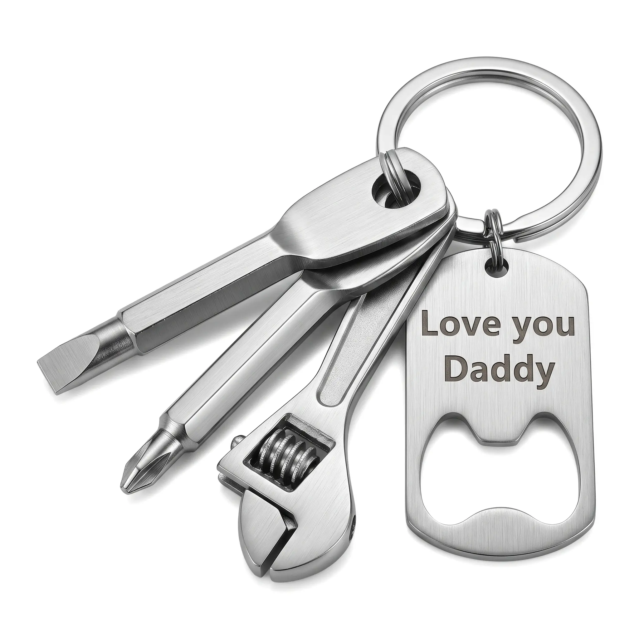 Sturdy Lightweight 4-in-1 Stainless Steel Metal Utility Keychain - Screwdrivers, Adjustable Wrench, Bottle Opener - Custom Engraved Fathers Day Gift for Dad, Compact, Multi-Tool Set, Personalized Tag, Smooth Finish, Small Size, Father’s Day, Laser Engrave