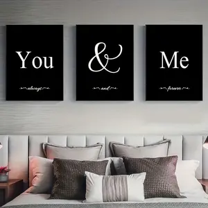 3pcs/set Canvas Poster - Modern Art, Black White You And Me Word Canvas Poster - For Bedroom, Living Room, Corridor - Fall Decor - Wall Art & Room Decoration - Ideal Gift for Art Lovers Ornaments Artistic Photo Print Home